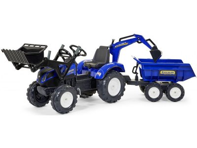 FALK - Šlapací traktor New Holland T8 s nakladačem, rypadlem a maxi vlečkou
