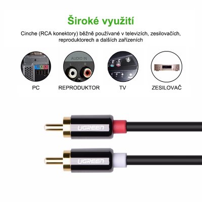 UGREEN stereo audio kabel RCA a 3.5mm jack 2m, černý
