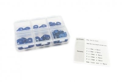 4mm sada podložek modré (6mm/8mm/10mm/12mm/14mm) plus M4 Matky v plastovém boxu